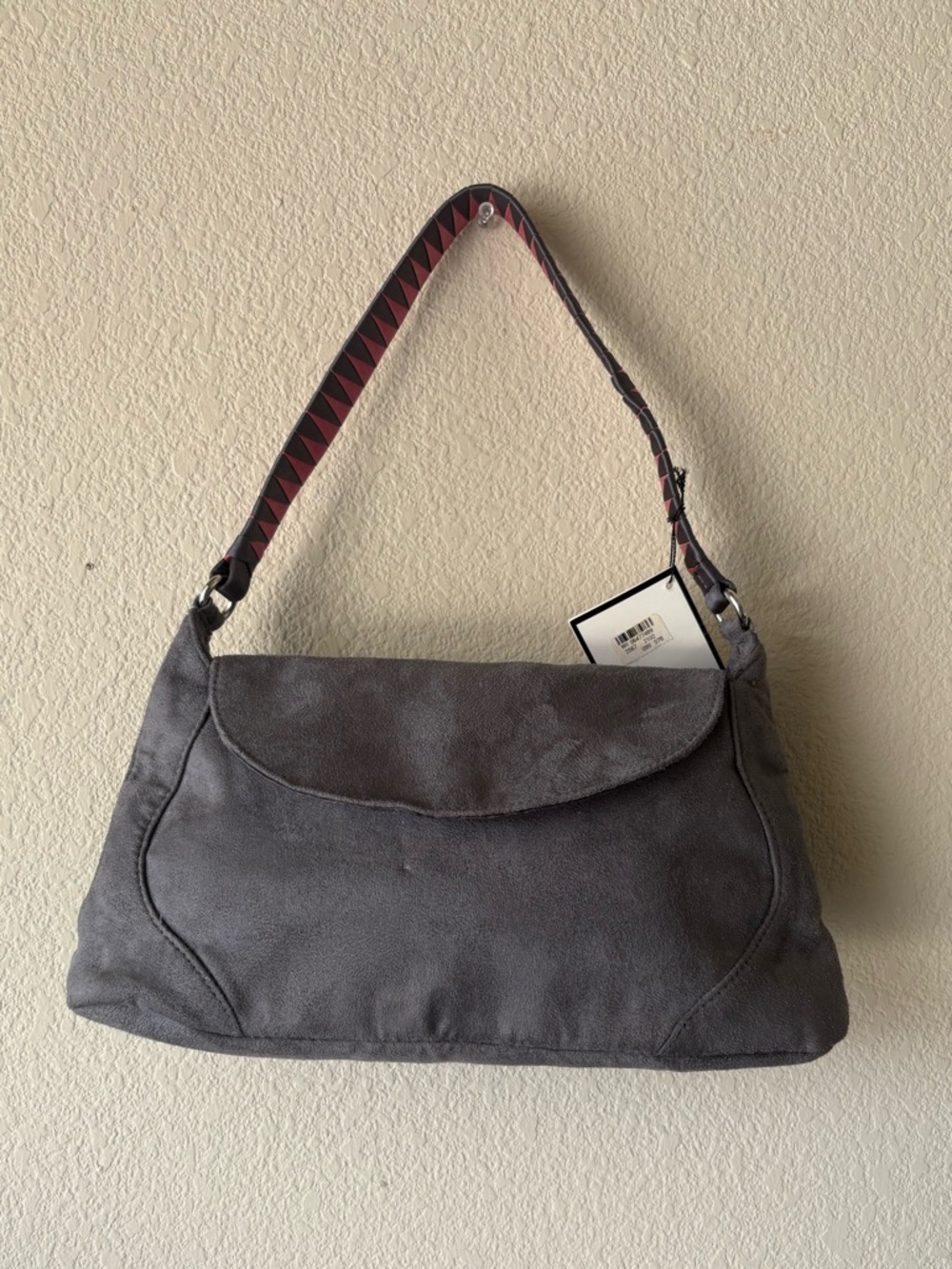 Gray Suede Shoulder Bag with Patterned Strap